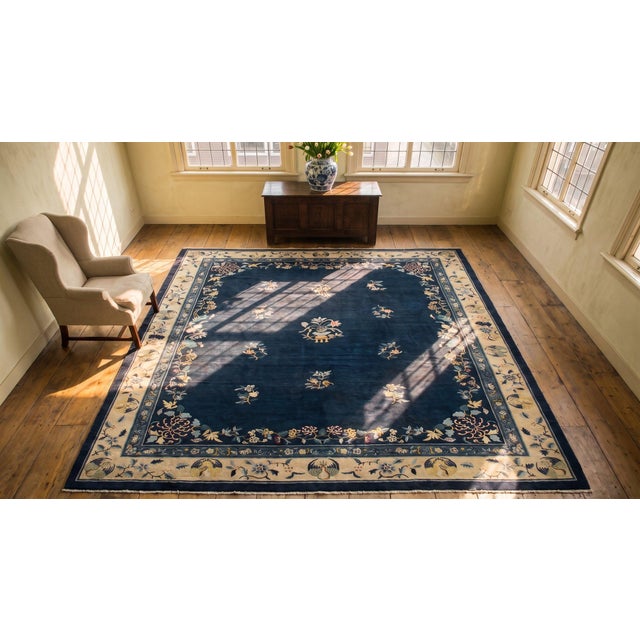 Spectacular Navy Background Color With Striking Floral Design Antique Chinese Peking Rug For Sale - Image 9 of 11