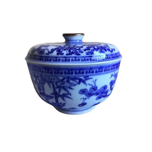 Chinoiserie Vintage Chinese Blue White Bamboo Landscape Porcelain Covered Lidded Ginger Jar For Sale - Image 3 of 7