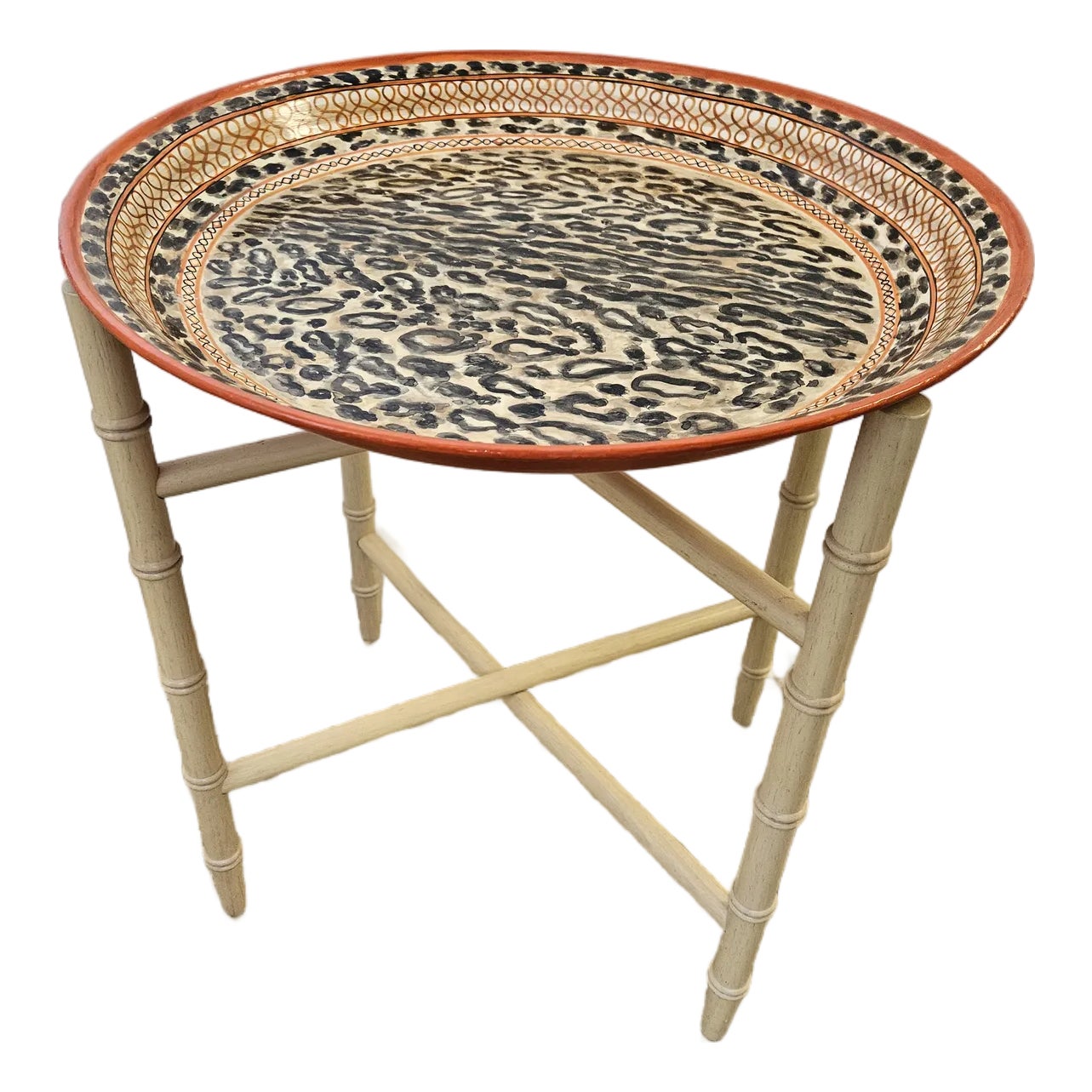 Leopard Spotted Round Tole Tray on Stand, Signed | Chairish