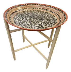 Leopard Spotted Round Tole Tray on Stand, Signed