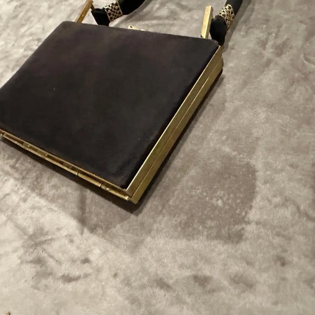 Metal 1950s Vintage Brown Suede and Brass Italian Cosmetic Bag For Sale - Image 7 of 14