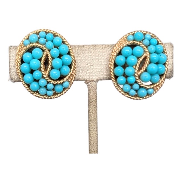 Vintage Signed Crown Trifari Cabochon Faux-Turquoise Clip Earrings-2 Pieces For Sale