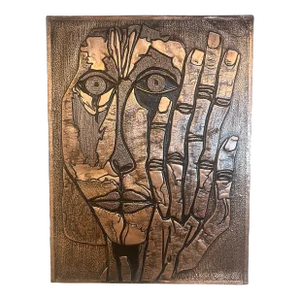 Oswaldo Guayasamin (1919-1999), Midcentury/Postmodern, Hand Tooled Copper Alloy Relief Sculpture, Signed