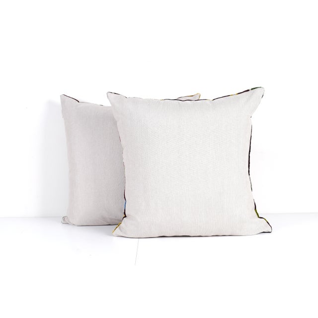 Silk Ikat Brown, Blue, and Green Floral Design Velvet Pillow Cover - Set of Two For Sale - Image 4 of 4