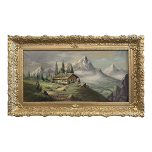 Vintage Alpine Mountain Landscape With Chalet – Oil on Canvas – Signed Rosetto