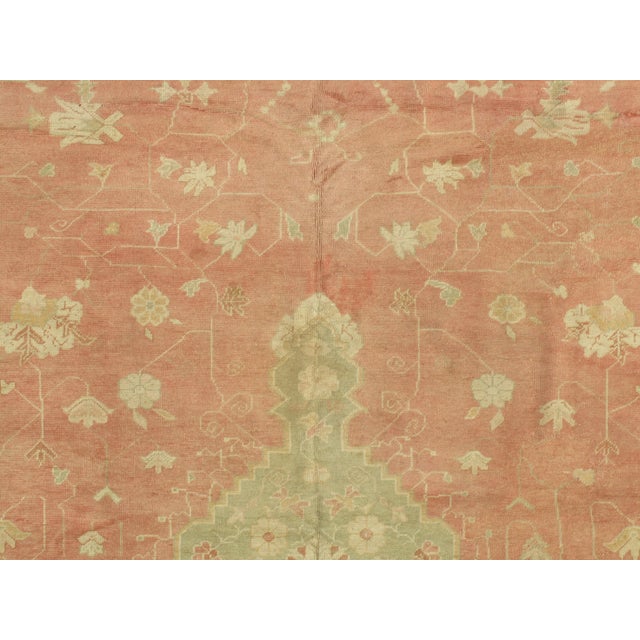 Ivory Antique Oushak Carpet, Oriental Rug, Handmade Ivory, Muted Coral, Soft Green For Sale - Image 8 of 13
