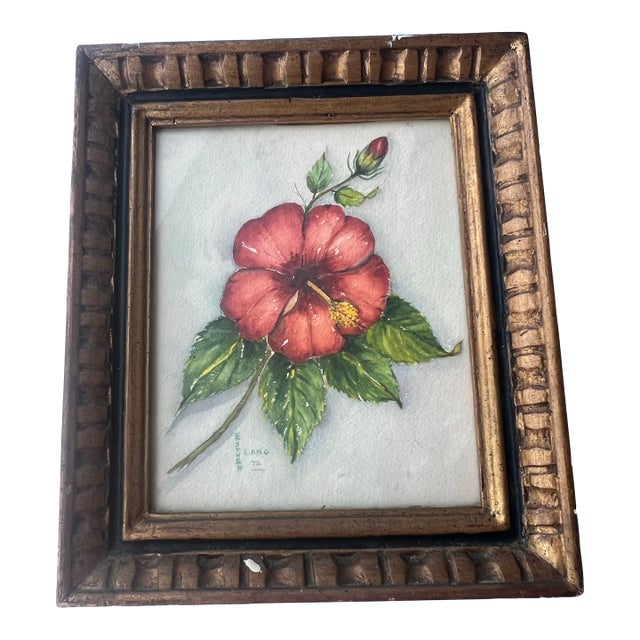 1970s Red “Florida Hibiscus” Flower Painting Signed & Framed For Sale
