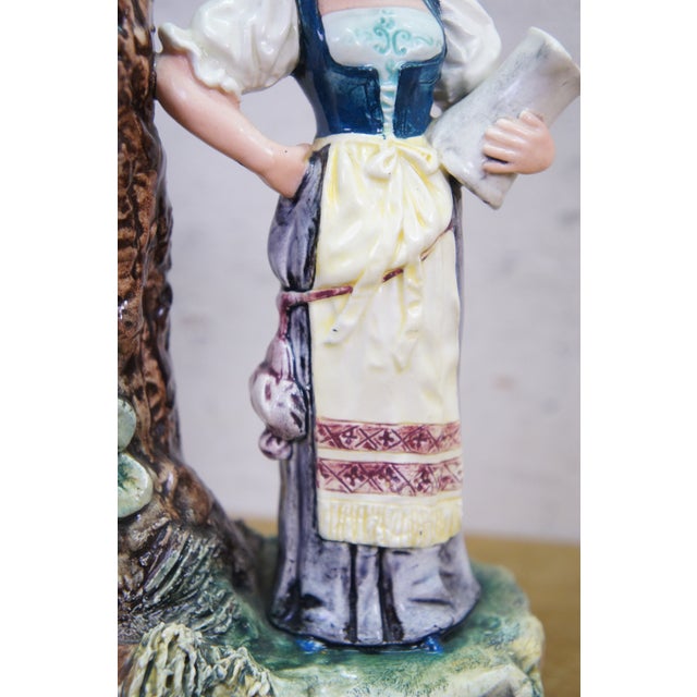 Antique Continental Majolica Figural Spill Vase Pheasant Woman Tree Trunk Figure For Sale - Image 9 of 12