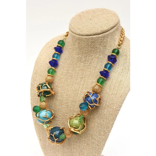 Signed Philippe Ferrandis Glass, Resin and Gold Plated Beaded Necklace French 90's For Sale - Image 11 of 11