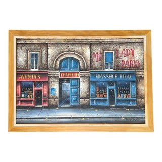 Paris Storefronts Original Oil Painting, Vintage Wood Frame For Sale