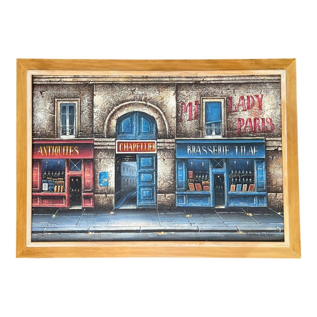 Paris Storefronts Original Oil Painting, Vintage Wood Frame For Sale