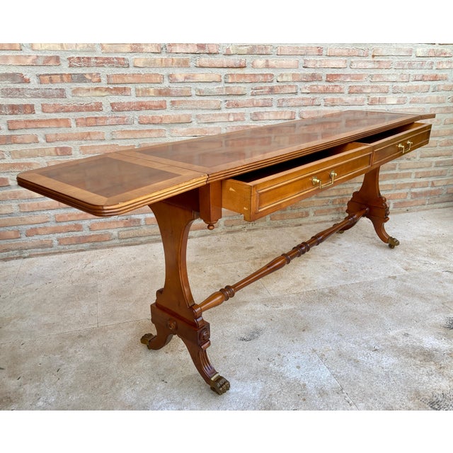 Mid 20th Century Mid 20th Century Winged Console Table in Walnut with Claw Feet in Bronze with Drawers and Wheels For Sale - Image 5 of 18
