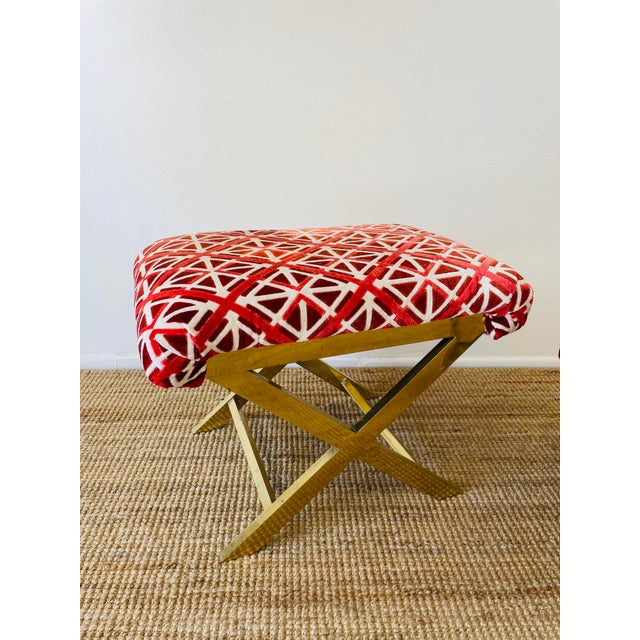Vintage 1970s Pair of Brass X Base Weiman / Warren Lloyd Mastercraft Geometric Velvet Upholstered Stools Ottomans For Sale - Image 12 of 18