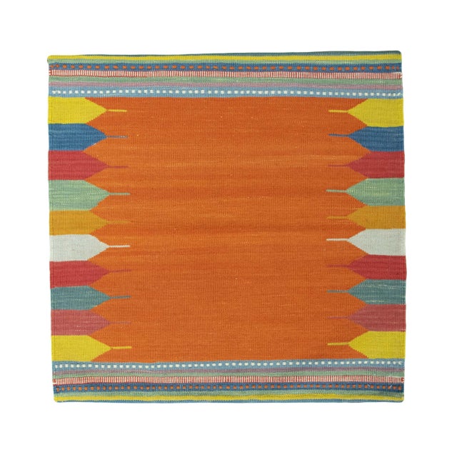 Green Handwoven Kilim Fars Rug in Orange and Natural Tones For Sale - Image 8 of 9