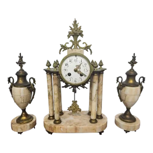 19th Century Continental Neoclassical Style Brass and Marble Clock Garniture Set