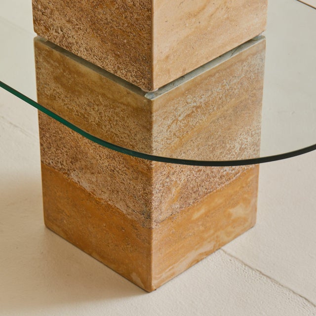 Glass Italian Two-Tier Pill Shaped Glass + Travertine Console, 1970s For Sale - Image 7 of 8