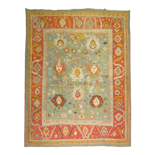 Green Orange Antique Oushak Rug - 8'10" x 11'2" For Sale