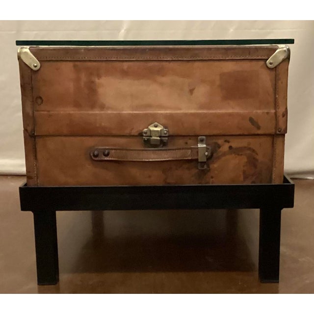 Traditional Early 20th C Leather Trunk Repurposed as a Coffee W Glass Top For Sale - Image 3 of 11
