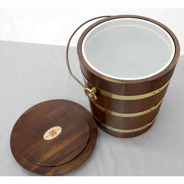 Studio Made Walnut and Brass Barrel Style Ice Bucket with Lid For Sale - Image 6 of 10