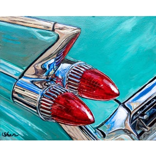 1959 Cadillac Tailfin - Vegas Turquoise by Shan Fannin | Acrylic on wood cradle close-up of a car tailfin For Sale