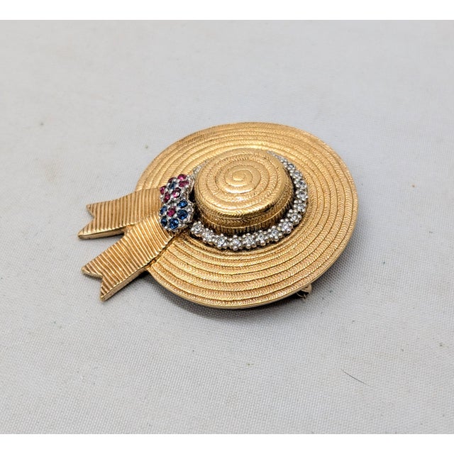 Ciner Vintage Signed Ciner Goldtone Faux-Ruby & Sapphire With Clear Rhinestones Hat Brooch For Sale - Image 4 of 8