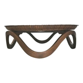 Vintage Mid Century Boho Walnut Waves Base Copper Tin Tray Coffee Table For Sale