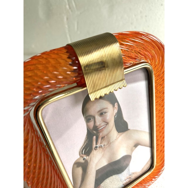 2020s Mid-Century Modern Style Amber“Torchon” Murano Glass Picture Frame and Unaquered Brass in Barovier Style. For Sale - Image 5 of 7