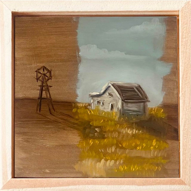This oil on panel depicts a solitary homestead set against a vast, open landscape, capturing the essence of rural...
