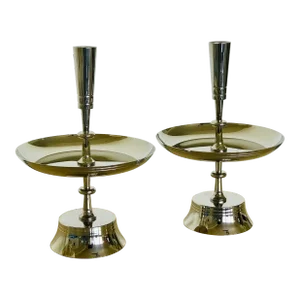 Mid-Century Tommi Parzinger Polished Nickel Candlesticks - a Pair