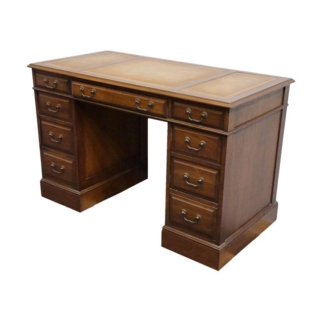 SLIGH LOWRY Solid Pine Early American Country Style 46" Double Pedestal Writing Desk w. Tooled Leather Top 29" High 46"...