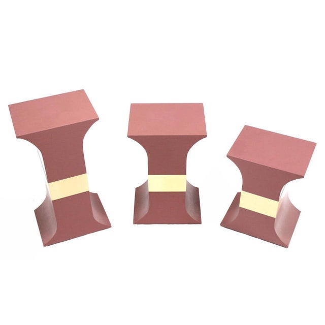 Harrison Van Horn Grasscloth Wrapped Three Mid Century Modern Pink Lacquer Brass Trim Pedestals For Sale - Image 4 of 9