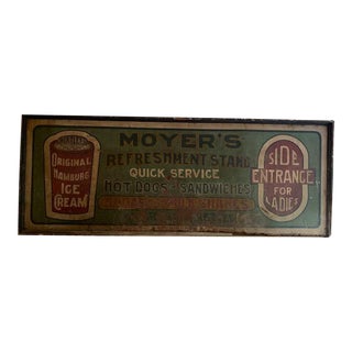 Vintage Early 20th Century Rustic Extra-Large Moyer's Refreshment Stand Painted Metal Sign For Sale