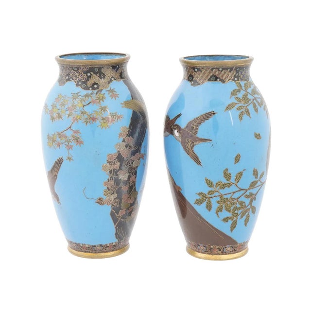 Japanese Pair Japanese Cloisonne Owls Hawks Maple on Turquoise Blue Enamel Vases Goto For Sale - Image 3 of 9