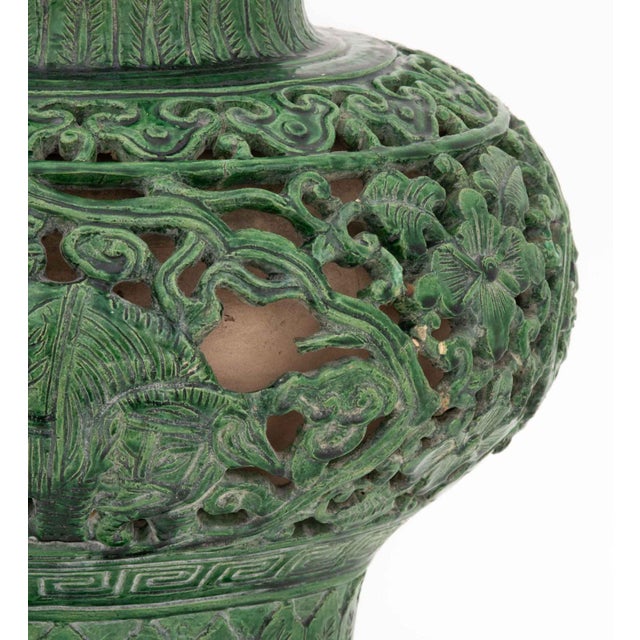 Chinese Spinach Jade Green Glazed Ceramic Pierced Vase Mounted as a Table Lamp For Sale - Image 9 of 9