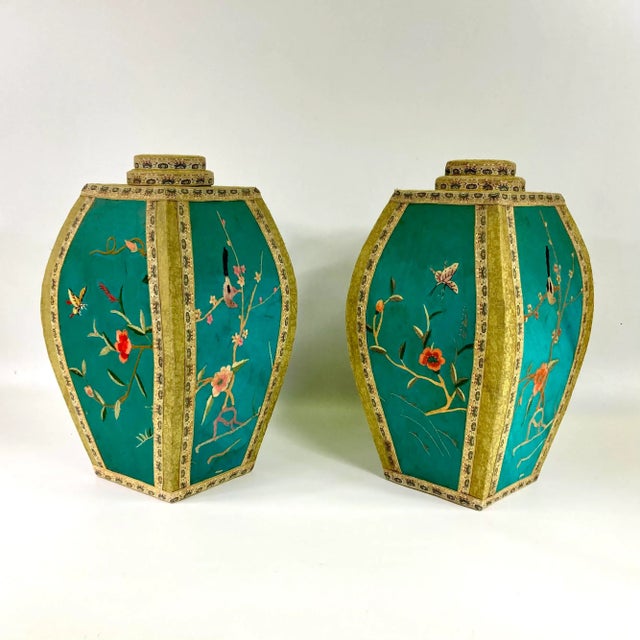 Chinoiserie Early 20th Century Pair of Embroidered Silk Containers For Sale - Image 3 of 10