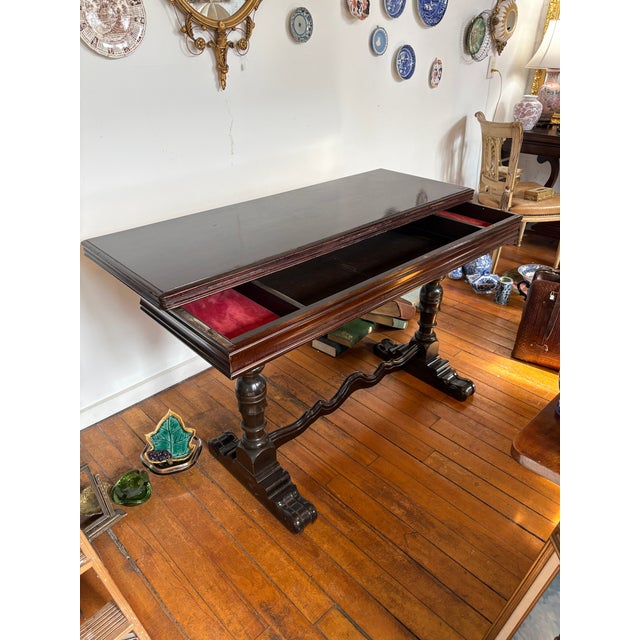 Antique Mahogany Expanding Library Trestle Table With Storage | Chairish