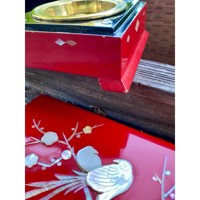 Vintage Japanese Red Lacquer Smoking Box With Mother-of-Pearl Birds and Brass Ash Receiver For Sale - Image 16 of 16