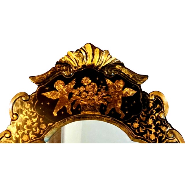 Antique Black Mirror Lacquer Painted Italian Chinoiserie - Cherubs Figures For Sale - Image 4 of 7