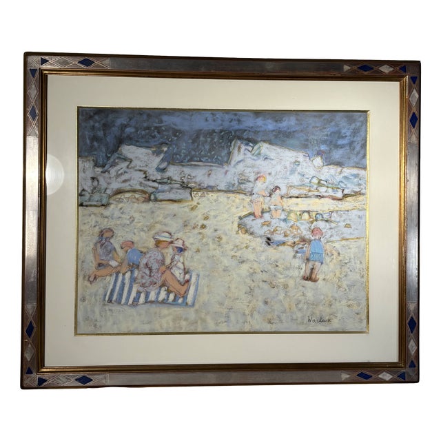 Yves Wacheux, The Blue Beach, 20th Century, Mixed Media on Paper, Framed For Sale
