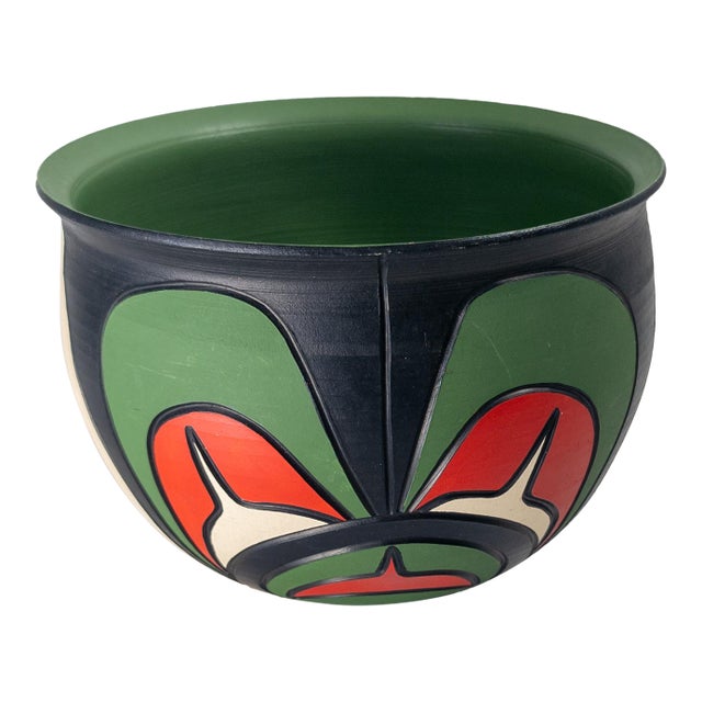 1990's Contemporary Native American Northwest Coast Indian Art Pottery Bowl by Stewart Jacobs For Sale