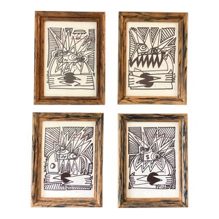 Contemporary 4 Original Wayne Cunningham Abstract Ink Drawings Vintage Frames-Set of 4 For Sale