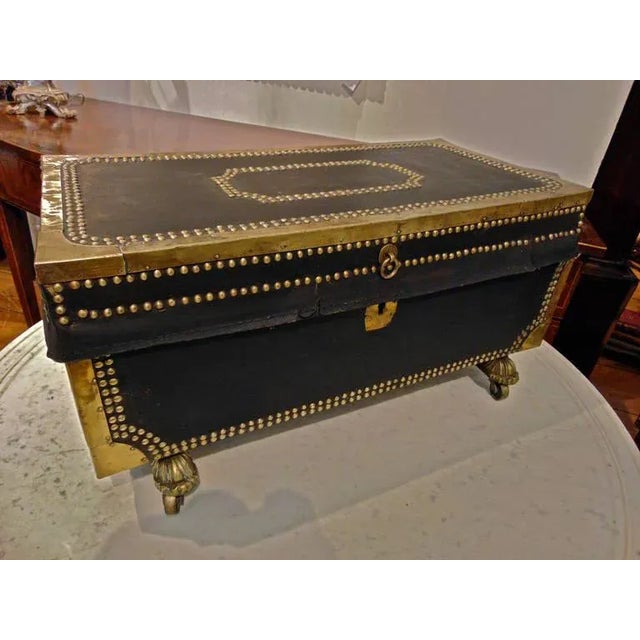 Early 19th Century Child's Camphor Wood Chest. Original Black Leather Binding and Brass Tacks