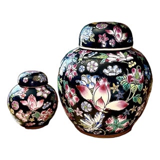 Vintage Famille Noire Porcelain Lidded Floral Ginger Jars - Set of 2 For Sale