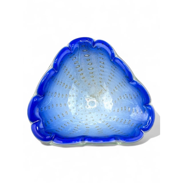 Mid-Century Modern Vintage Murano Triple Cased Glass Blue & White Scalloped Edge Ashtray Catchall For Sale - Image 3 of 6