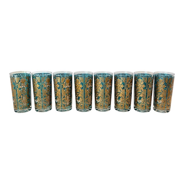 Mid 20th Century Scandinavian Teal and Gold Glass Tumblers, Set of 8 For Sale