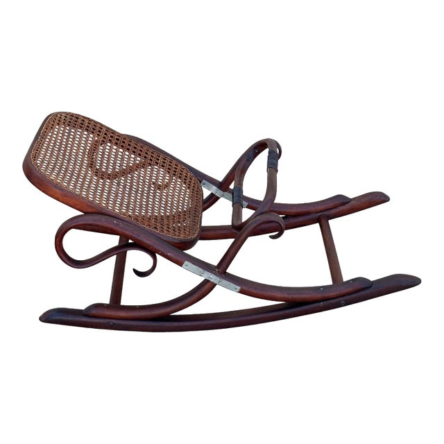 Antique Vienna Secession Bent Oak & Caine Rocking Foot Stool W/ Braces Attributed to Thonet No.7001 For Sale