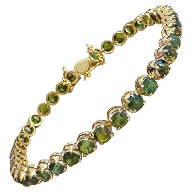 4 Ct Round Shape Green Tourmaline Cocktail Tennis Bracelet 14 Kt Yellow Gold 7" For Sale - Image 15 of 18