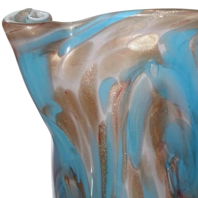 Mid 20th Century Vintage Murano Fratelli Toso Blue Copper Aventurine Flecks Swirling Clouds Italian Art Glass Flower Vase For Sale - Image 5 of 9