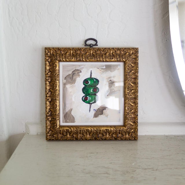 Wood Small Original Signed Painting of Martini Olives in Italian Giltwood Frame For Sale - Image 7 of 8