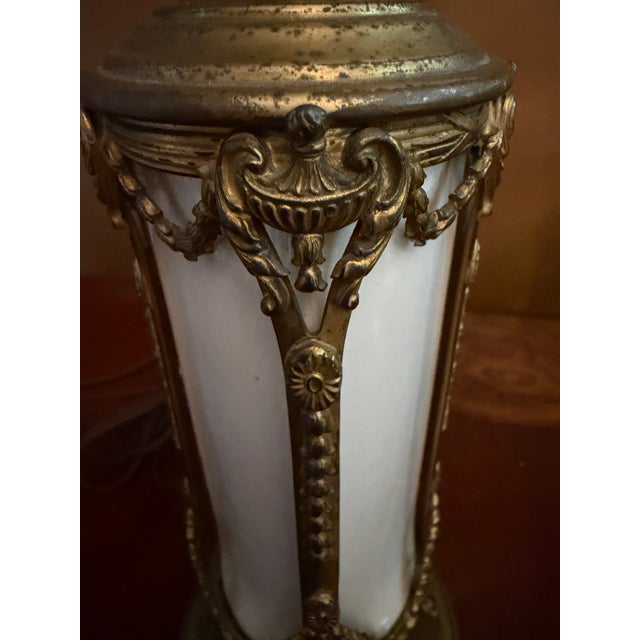 Pair of Vintage French Empire Brass & Milk Glass Table Lamps 12" X 4.5" Ca. 1950 For Sale - Image 6 of 18